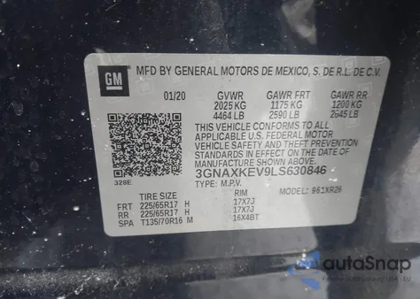 2020 Chevrolet Equinox Fwd Lt 1.5L Turbo из США, поврежденный, VIN 3GNAXKEV9LS630846